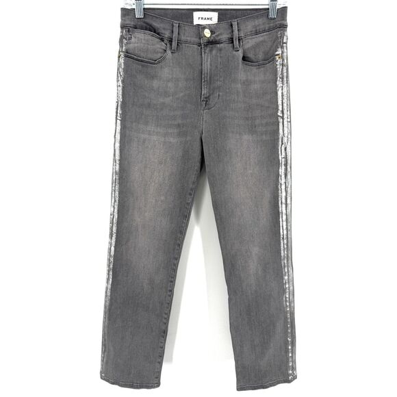 FRAME Le High Straight Leg Gray Silver Strip Field Foil Tux Jeans Size 27 - Picture 2 of 8
